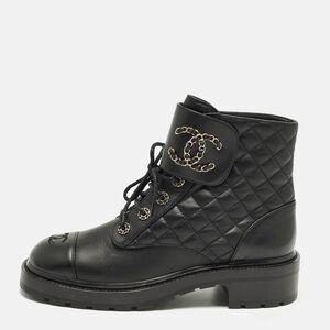 Chanel  Size 41 Black Quilted Leather Cc Cap Toe Chain Link Logo Combat Boots